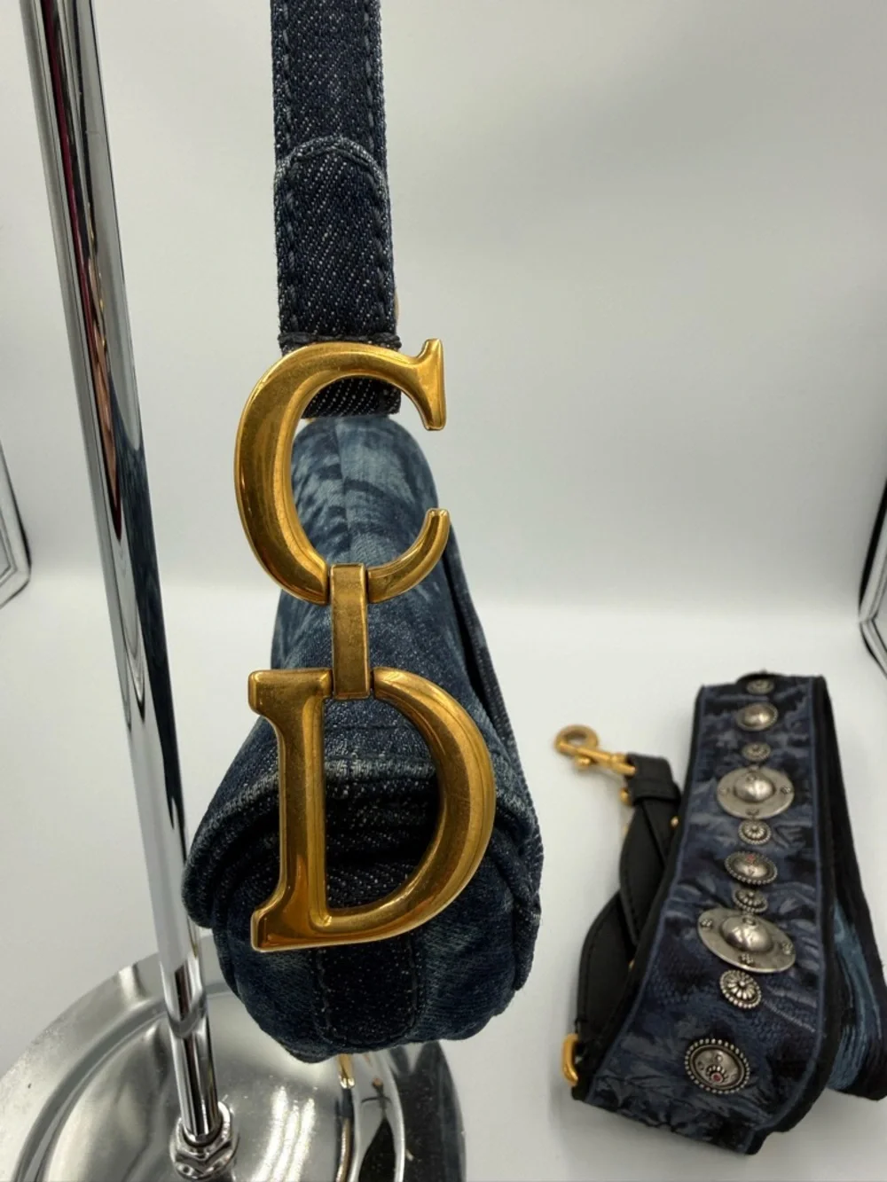 Dior Navy Denim Tie Dyed Saddle Mini Bag with Gold D Charm and Strap - Picture 6 of 16